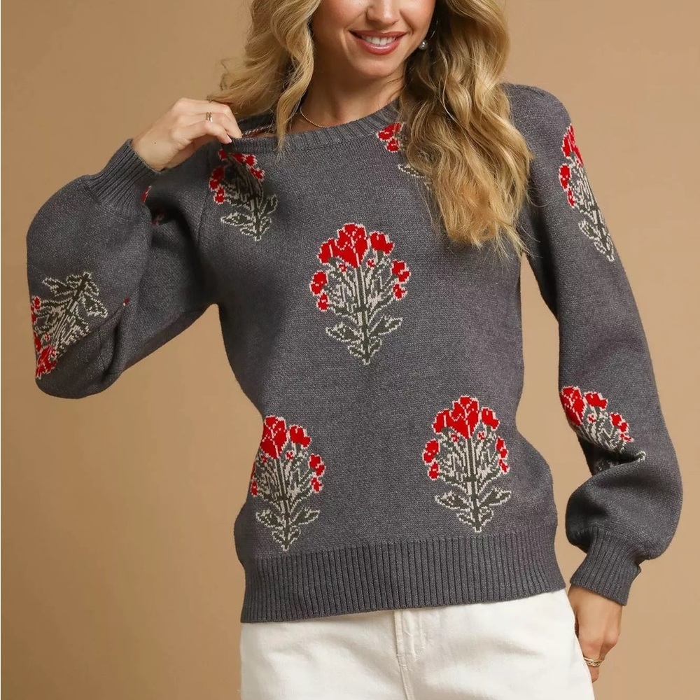Umgee Gray Crewneck Sweater with Red Floral Embroidery